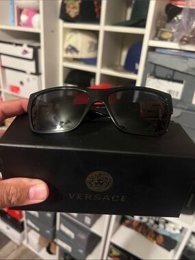 Versace Black Rectangular Sunglasses with Gold Logo Box